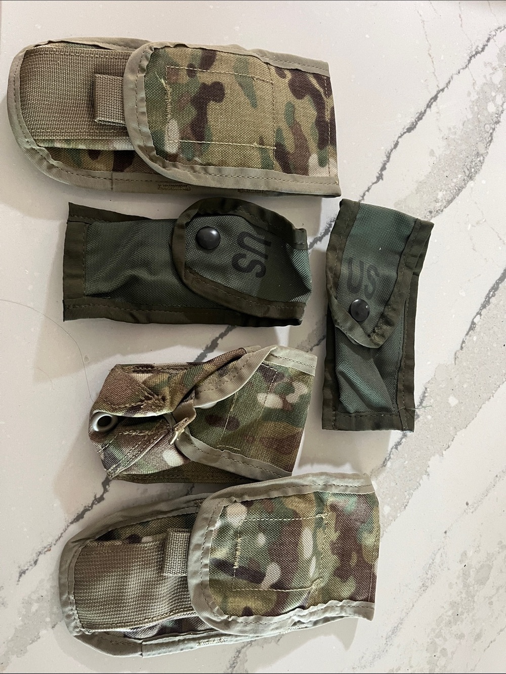 Military Style MOLLE Pouches Set in Woodland Camo and Olive